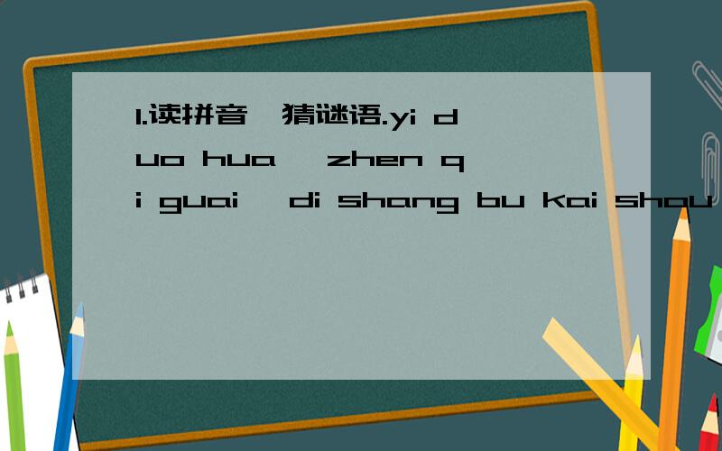 1.读拼音,猜谜语.yi duo hua ,zhen qi guai ,di shang bu kai shou shang kai ,qing tian bu kai yu tian kai .