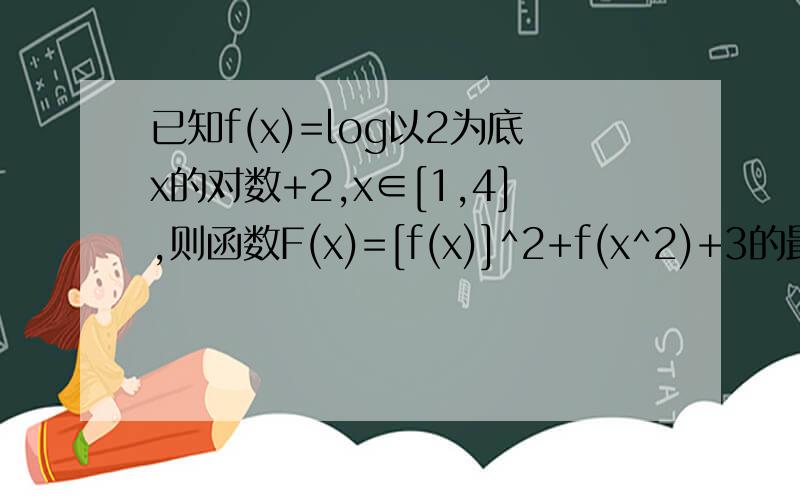 已知f(x)=log以2为底x的对数+2,x∈[1,4],则函数F(x)=[f(x)]^2+f(x^2)+3的最大值回答的问题在哪？