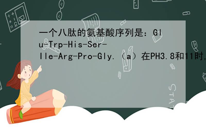 一个八肽的氨基酸序列是：Glu-Trp-His-Ser-Ile-Arg-Pro-Gly.（a）在PH3.8和11时,此肽的静电荷符号和数量是多少?（b）估算此八肽的PI值